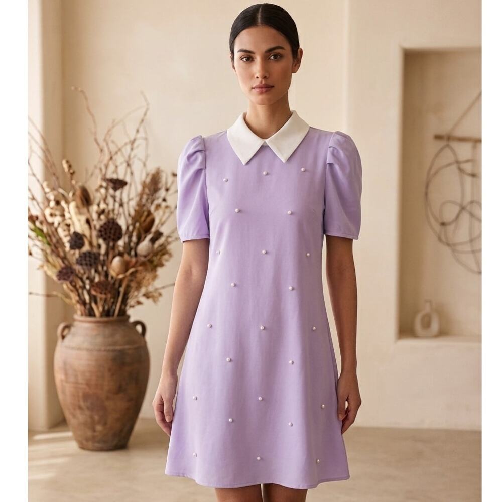 Purple Puff Sleeve Dress Womens M Pearl Accent Collared Mini Lilac